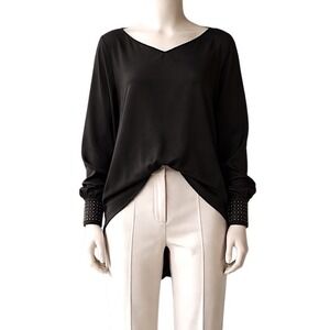 Paris Paris Blouse Women L Black Studded Hi-Low Hem Open Back Long Sleeve Top